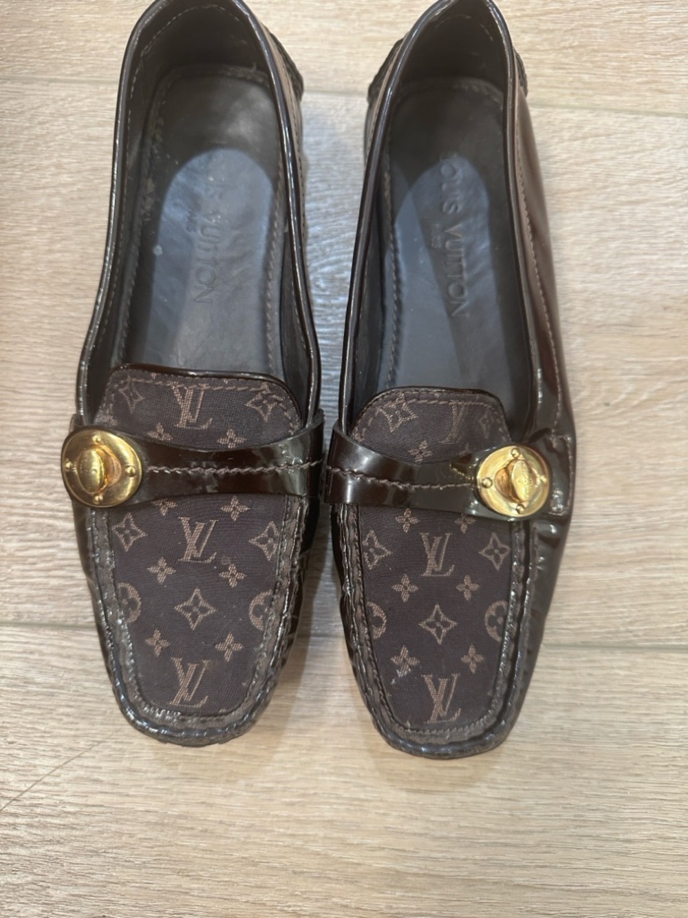 Louis Vuitton Brown Monogram Leather Loafers with Gold Accents